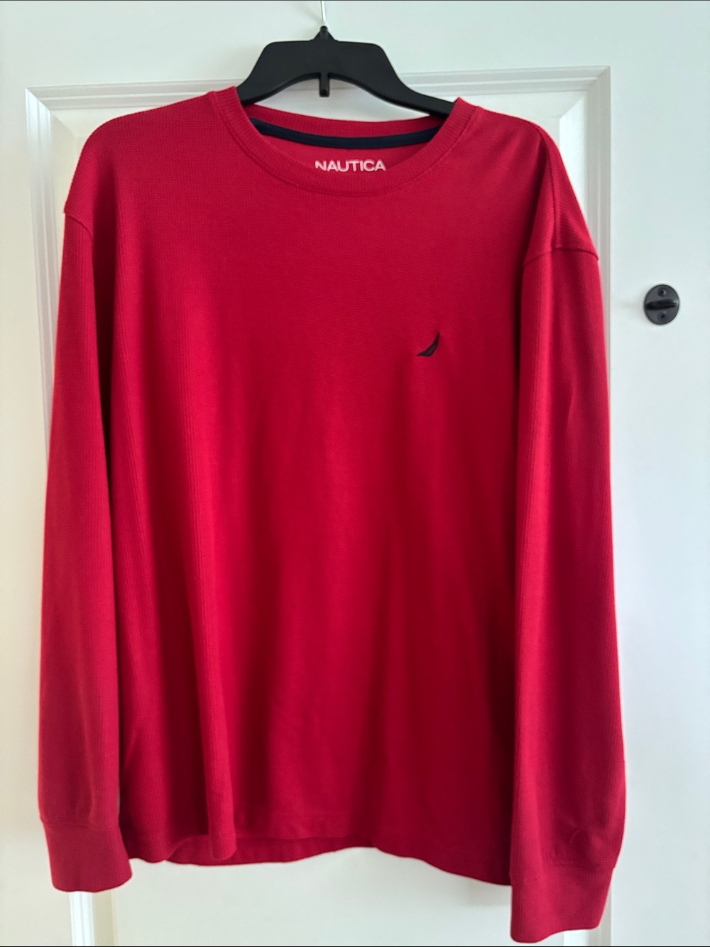 Nautica Men’s Long-Sleeve Crewneck Shirt in Red with Navy Sail Logo